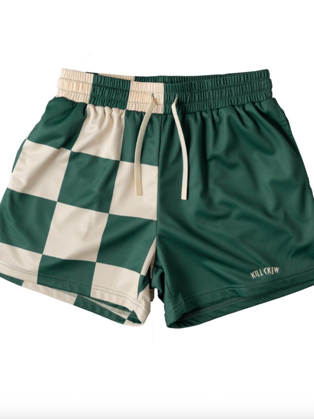 Kill Crew MUAY THAI SHORTS (MID THIGH CUT) CHECKER - GREEN / CREAM UNISEX